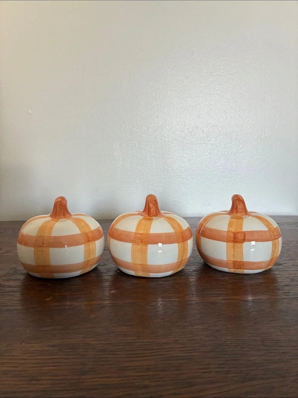 NWT- Decorative Ceramic Pumpkin Trio - White and Orange Plaid Stripe